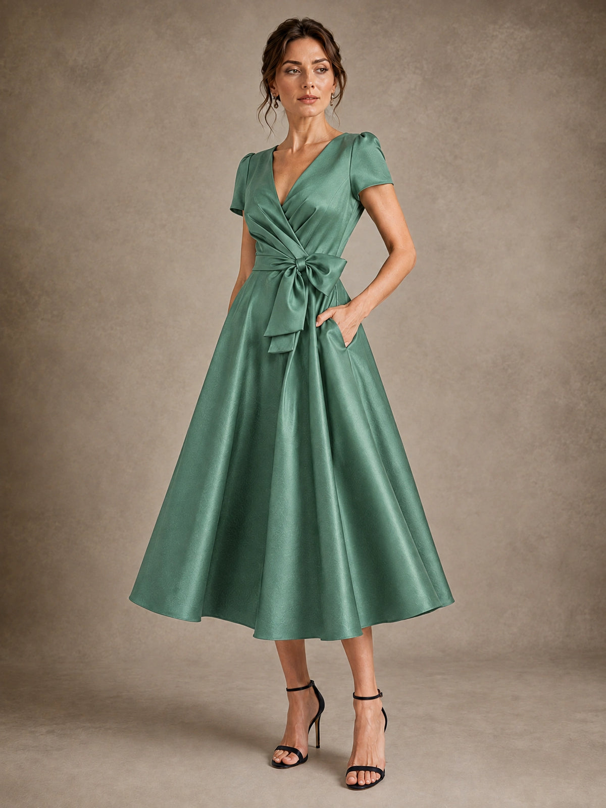 V-Neck Tea-Length Satin Mother of the Bride Dress with Bow