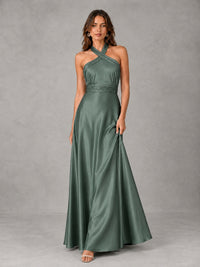 Sage Green Satin A-Line Bridesmaid Dress with Halter Neck