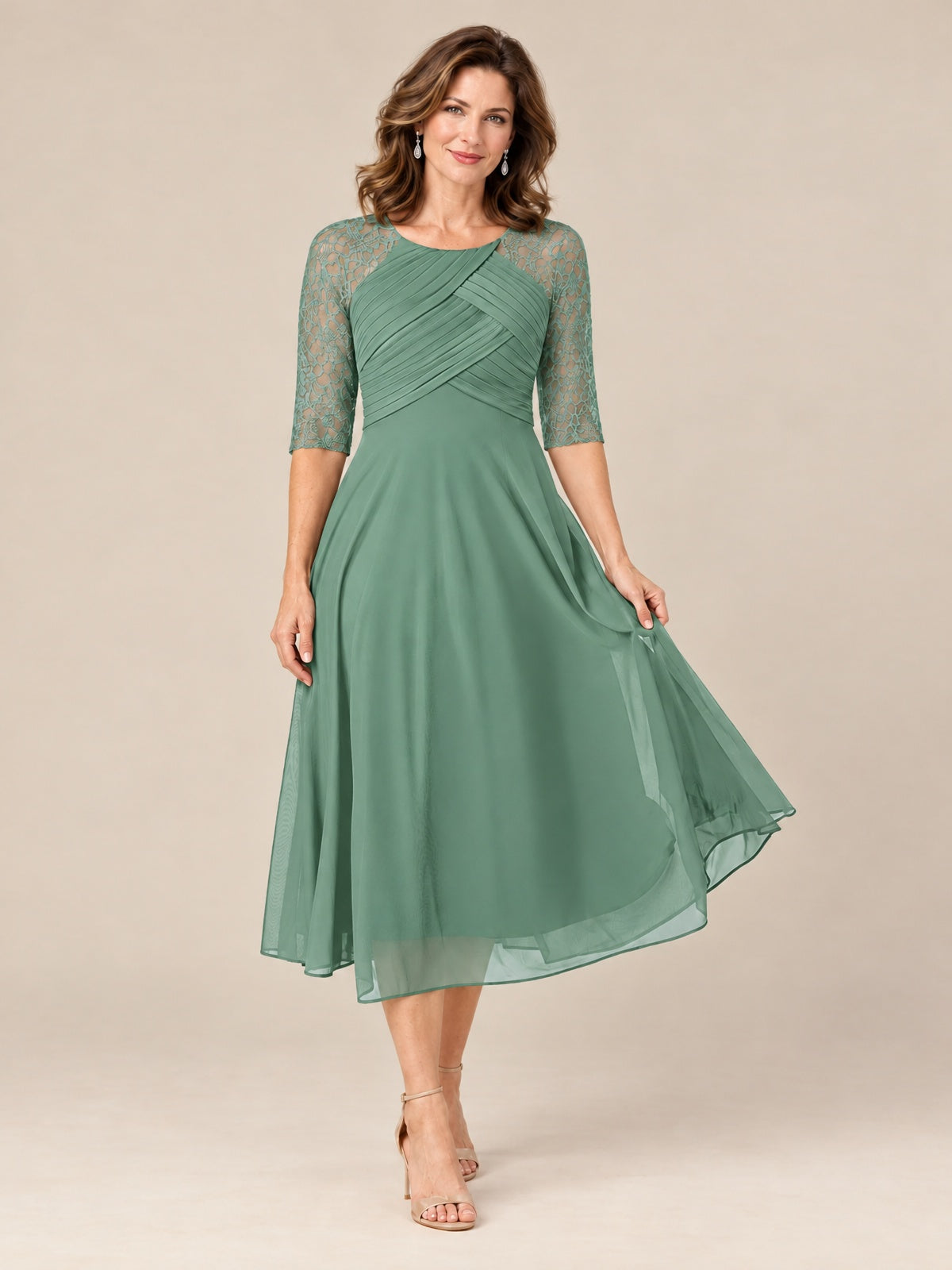Tea-Length Mother of the Bride Dress with Lace 3/4 Sleeves
