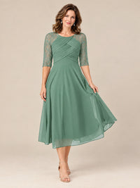 Tea-Length Mother of the Bride Dress with Lace 3/4 Sleeves