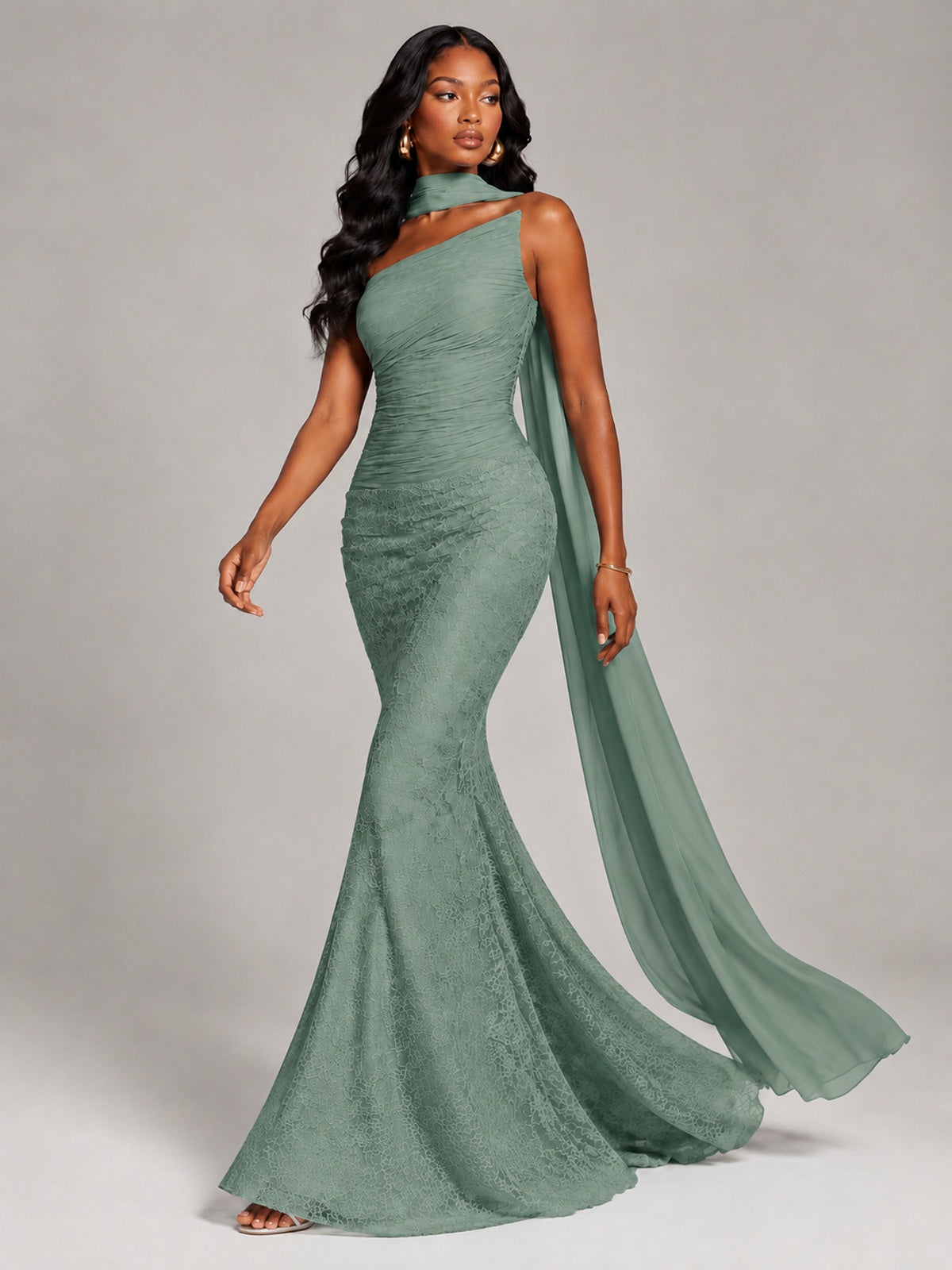 Pleated Chiffon Lace Prom Dresses Long Bodycon Mermaid with Scarf