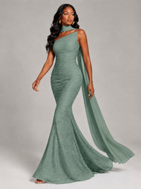 Pleated Chiffon Lace Prom Dresses Long Bodycon Mermaid with Scarf