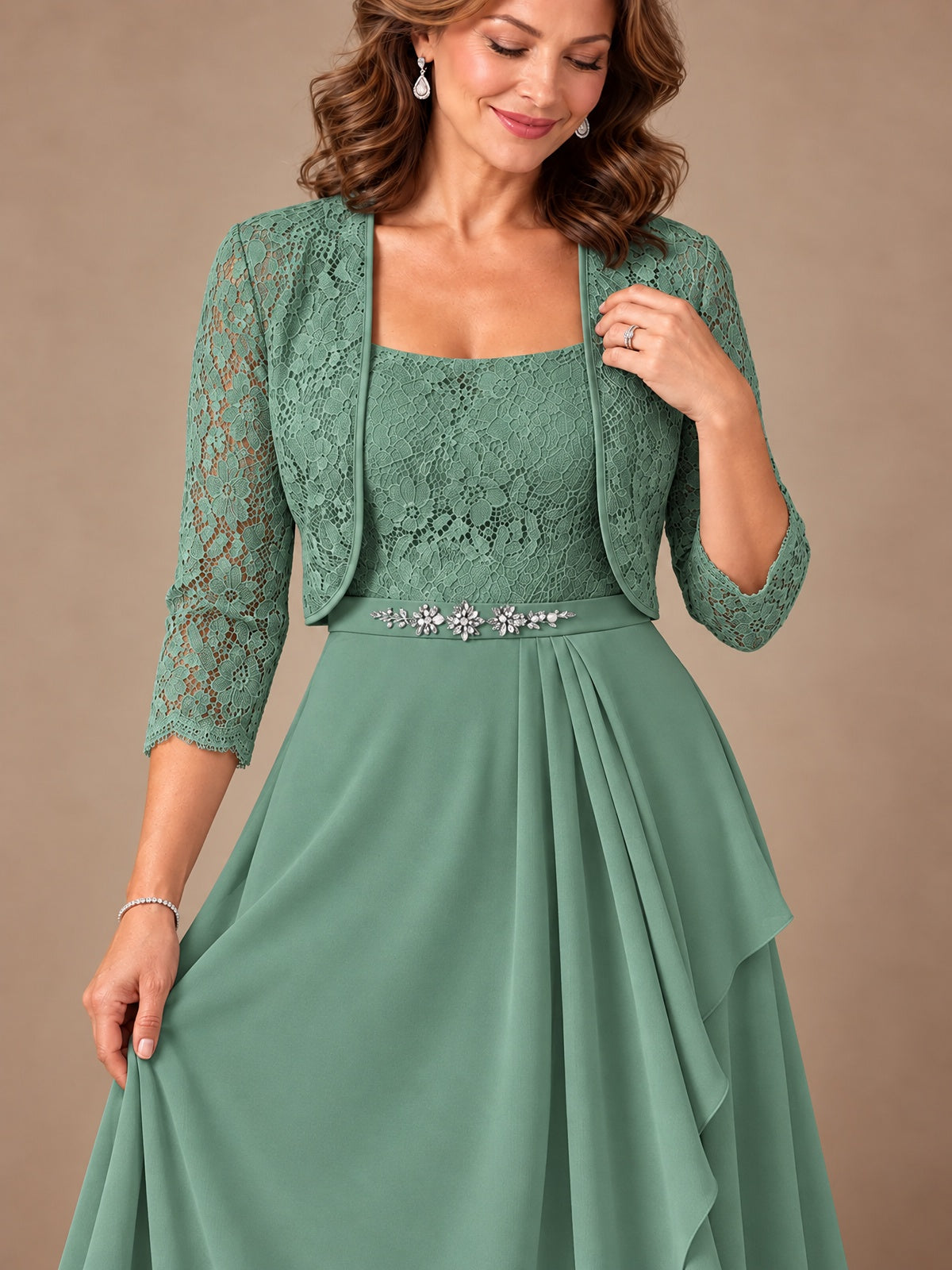 Blush Pink A-Line Mother of the Bride Dress with Lace Jacket and Ruffles