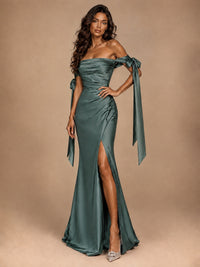 Off The Shuolder Satin Prom Dress Slit Mermaid Formal Gowns