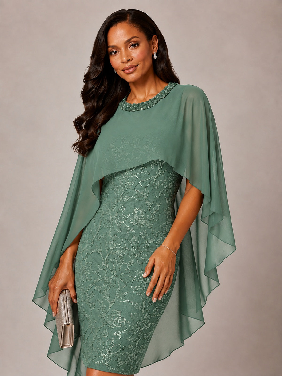 Floral Sheath Mother of the Bride Dress with Cape Overlay