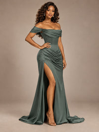 Burgundy Off-the-Shoulder Satin Corset Prom Dress with Slit