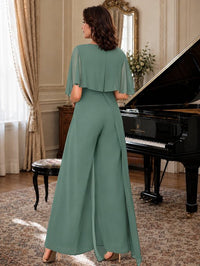 Chiffon Mother of the Bride Jumpsuit with Layered Cape Sleeves