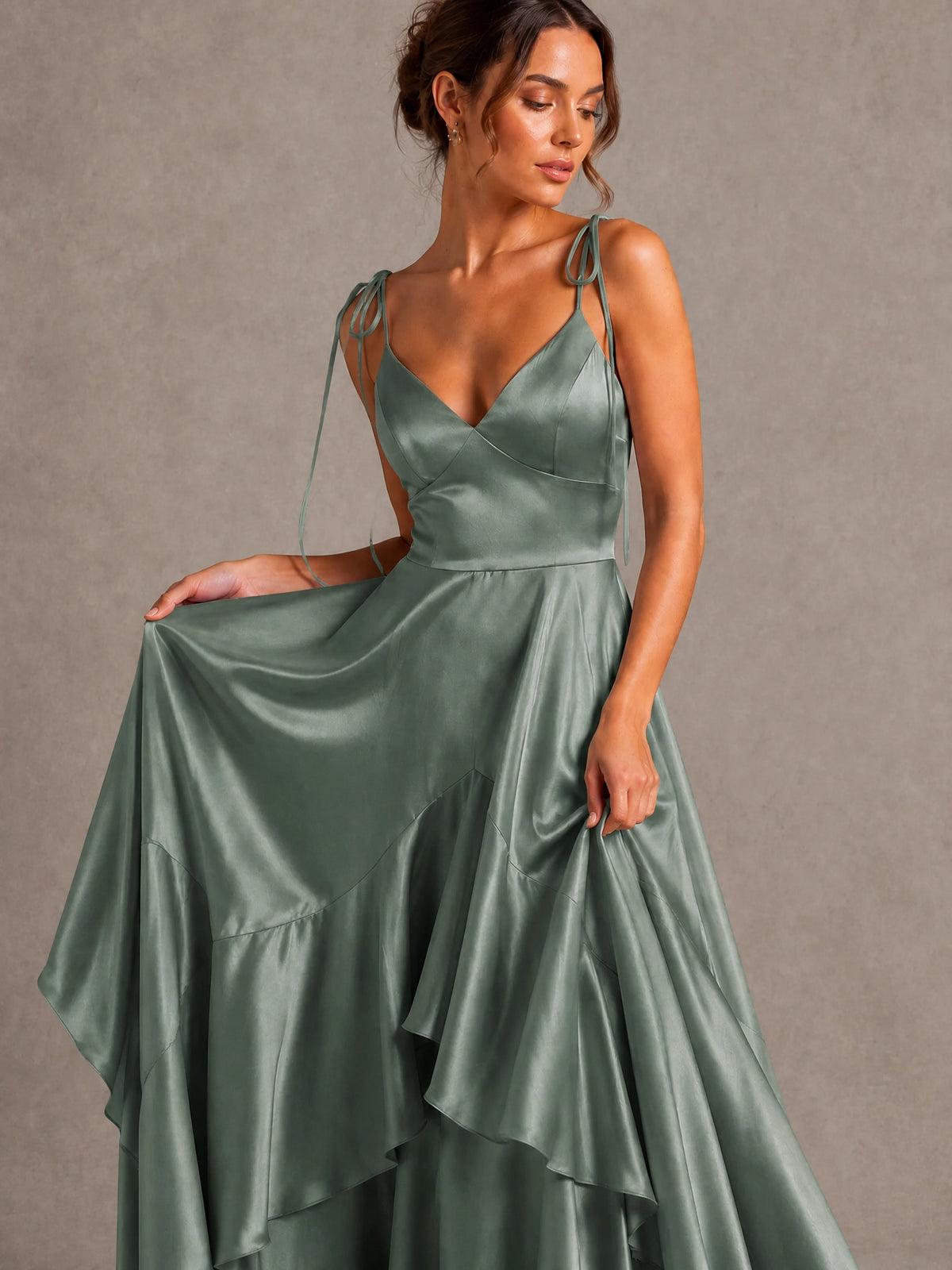 Lavender Satin V-Neck Ruffle Maxi Dress