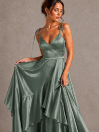 Lavender Satin V-Neck Ruffle Maxi Dress