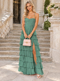 Ruffled Tiered Chiffon Prom Dress Spaghetti Straps Formal Maxi Dress with Slit