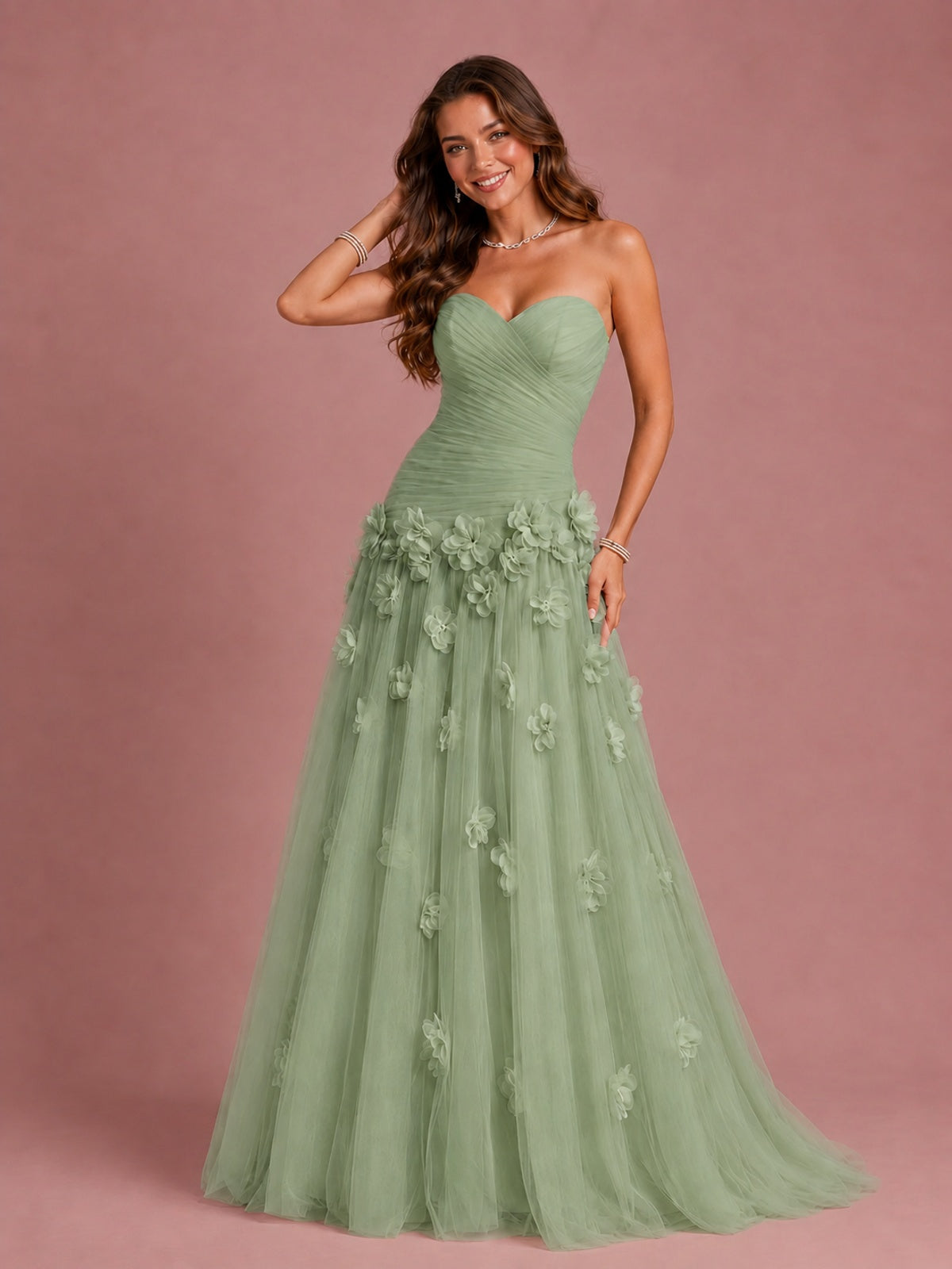 Blush Pink Strapless Sweetheart 3D Floral Tulle Ball Gown Prom Dres