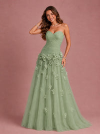 Blush Pink Strapless Sweetheart 3D Floral Tulle Ball Gown Prom Dres