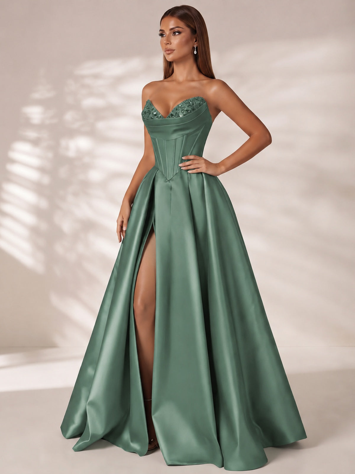 Strapless Corset Satin Prom Dress Long Evening Gown with High Slit