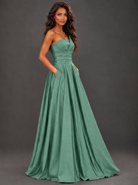 Draped Satin Prom Dress Strapless A-line Formal Dress Floor Length