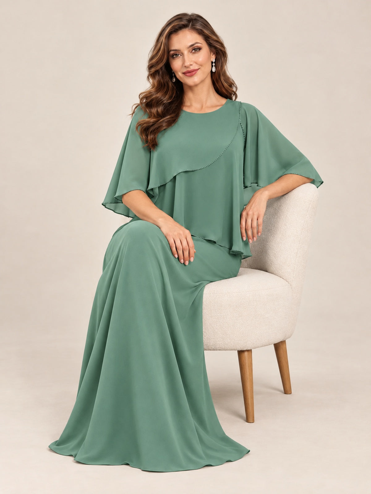Cape Sleeve Mother of the Bride Dress with Asymmetrical Overlay