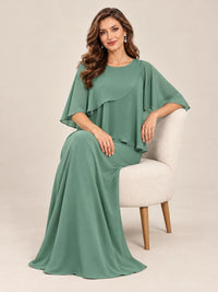Cape Sleeve Mother of the Bride Dress with Asymmetrical Overlay