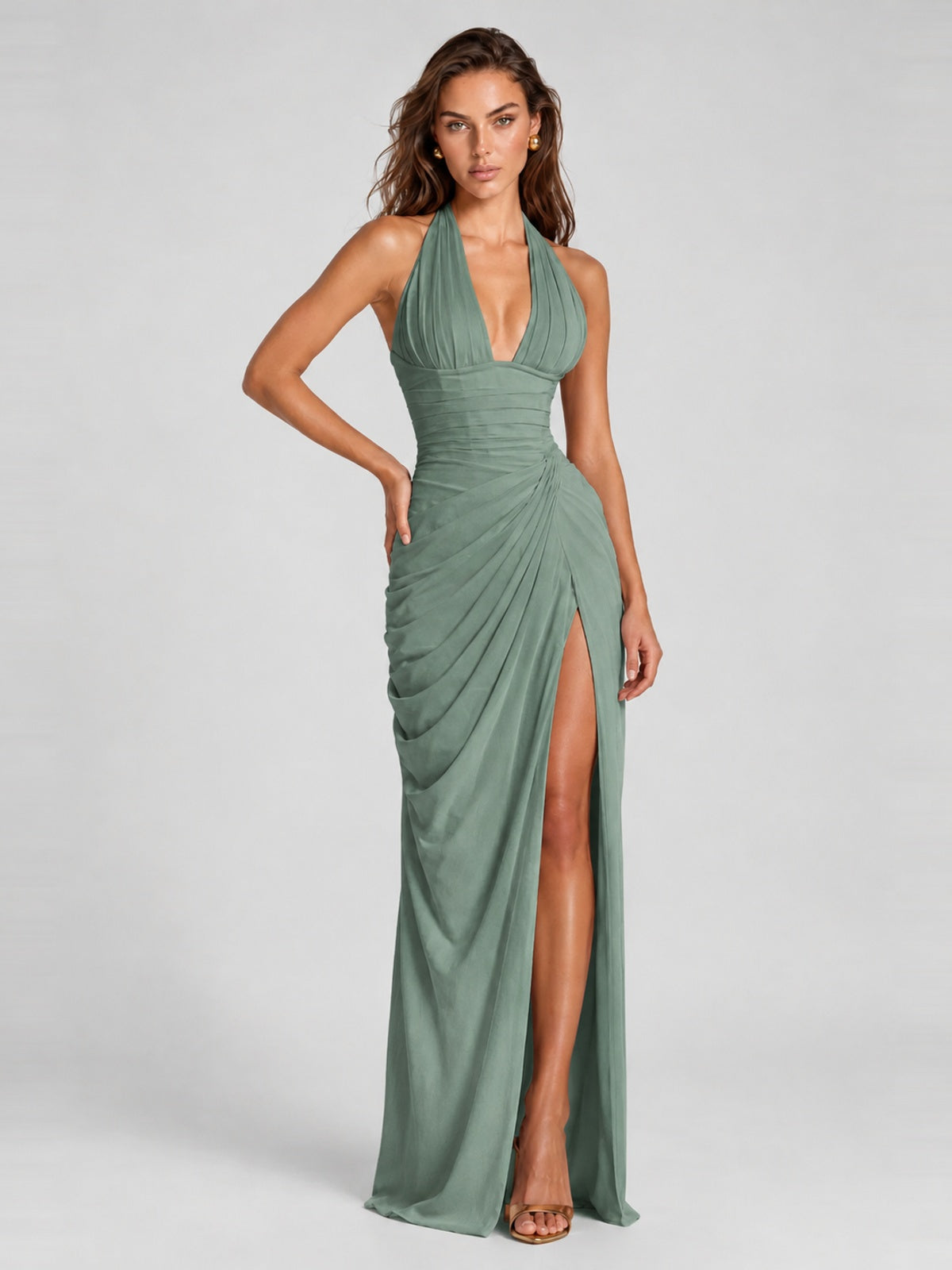 Ruched Halter Neck High-Slit Prom & Evening Dress