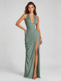 Ruched Halter Neck High-Slit Prom & Evening Dress