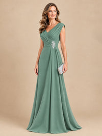 V Neck Pleated Mother of The Bride Dresses with Beading Cap Sleeves