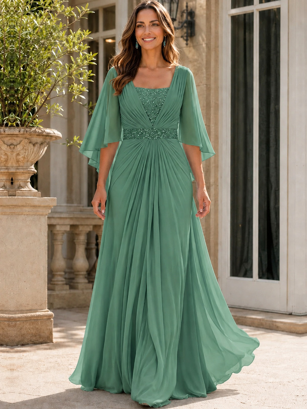 Elegant V-Neck Sequined Chiffon Mother of the Bride Dress with Flutter Sleeves