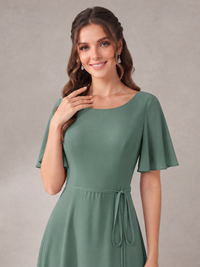 Scoop Neck A-line Chiffon Bridesmaid Dress with Flutter Sleeve & Belt