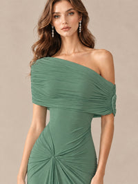 Elegant Draped Off Shoulder Ruched Mermaid Chiffon Formal Evening Gown