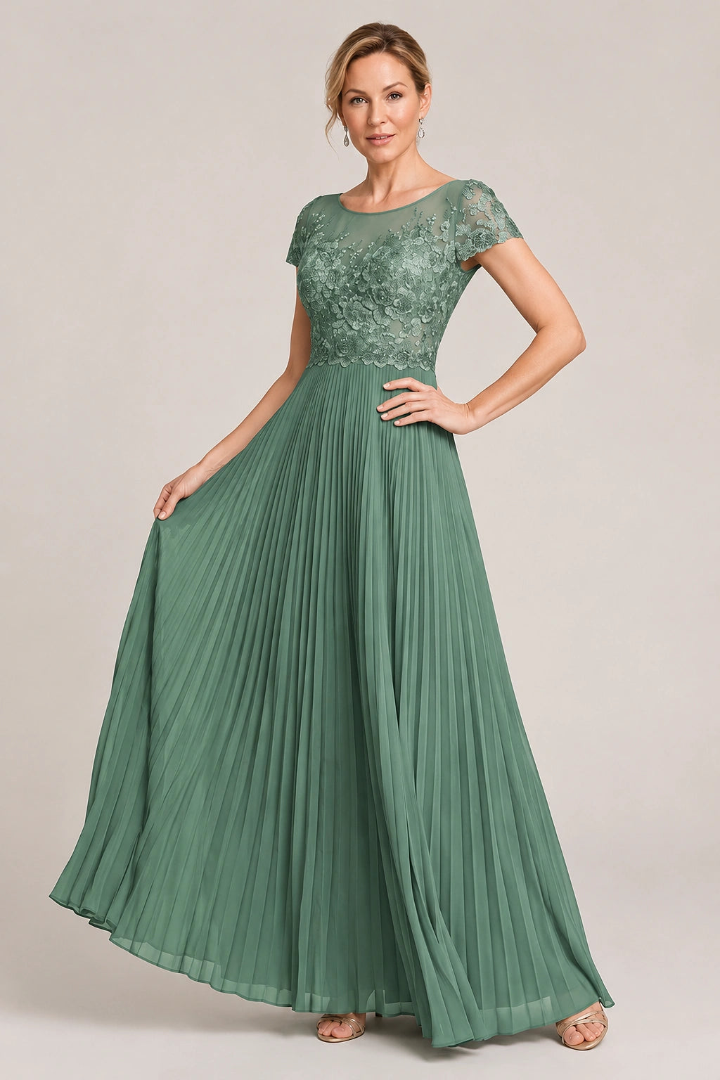 Embroidered Lace Pleated Mother of the Bride Dress