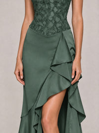 Strapless Lace Appliques Corset Satin Prom Dress Ruffle Slit Evening Gown