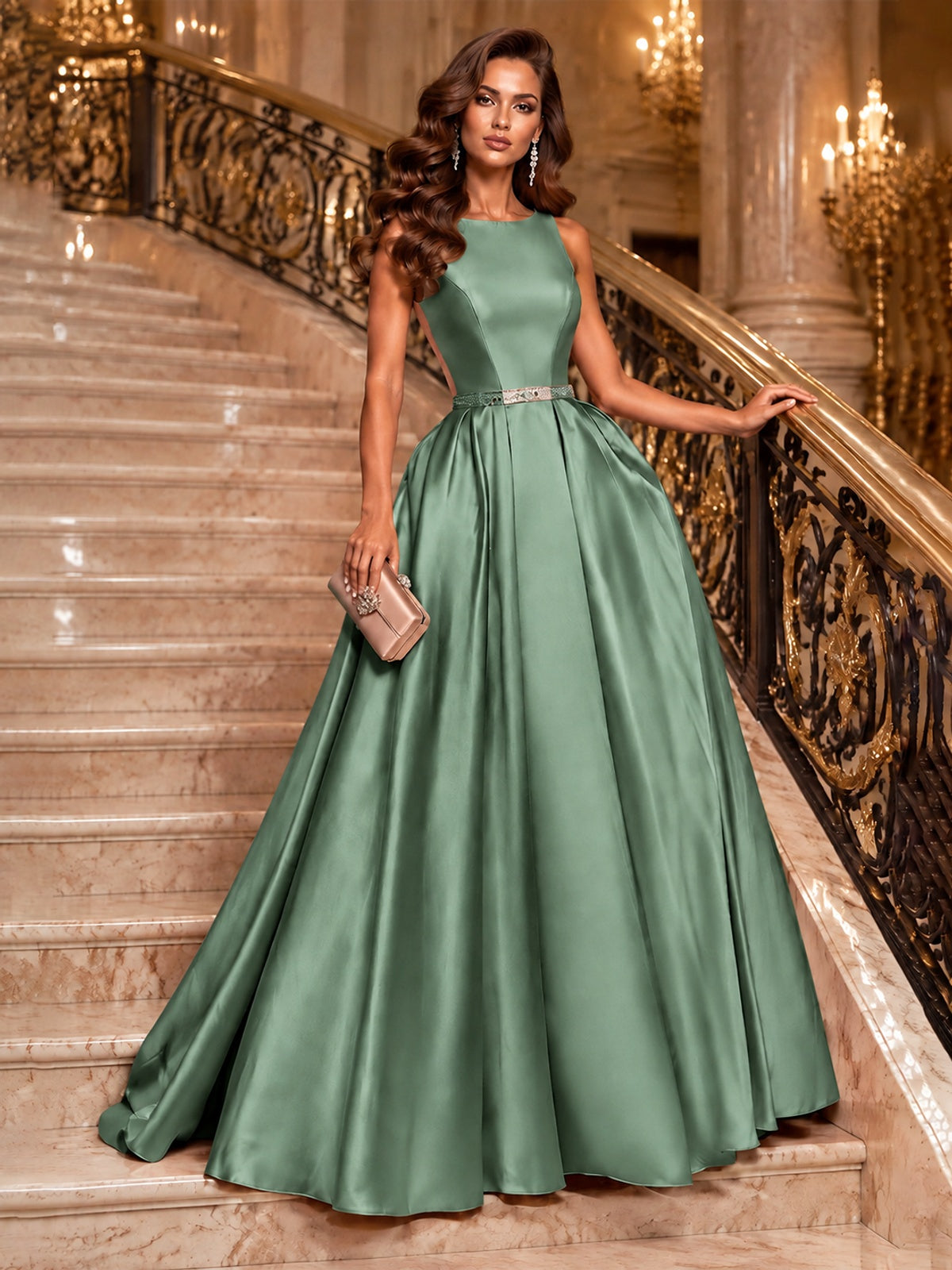 Satin A-Line Prom Dress Sleeveless Beaded Waist Formal Gown with Pockets