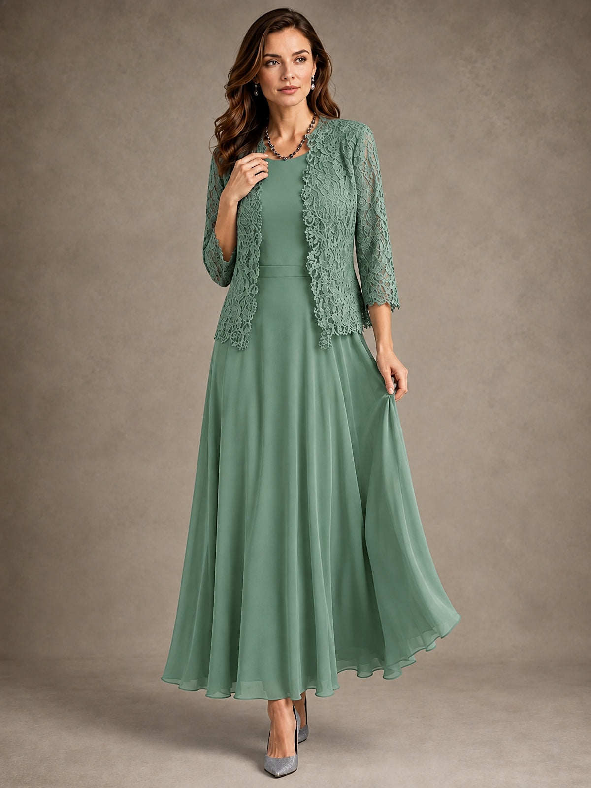 2-Piece Chiffon Mother of the Bride Dress with Lace Jacket