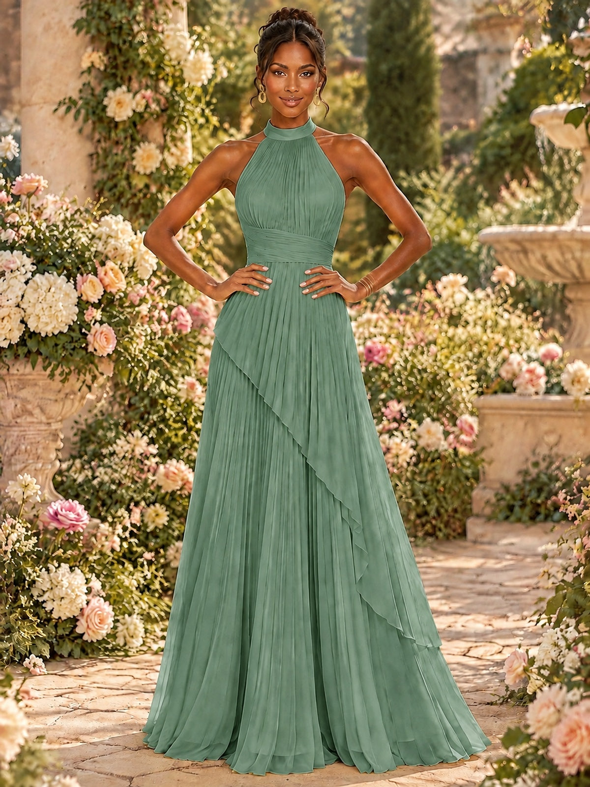 Wrap Pleated Prom Dress Halter A-line Chiffon Formal Wedding Dress