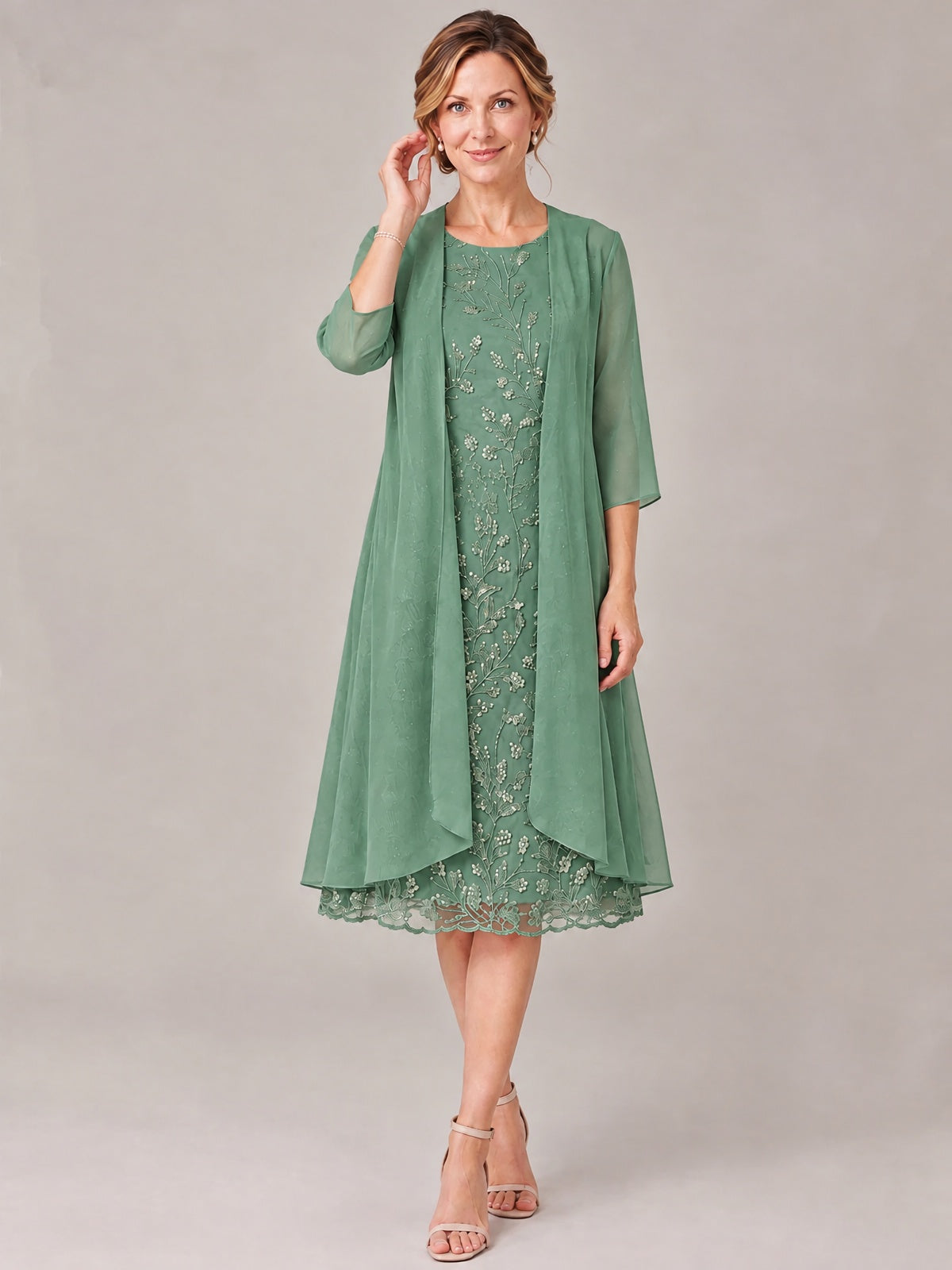 Tea Length Sequin Lace Mother of The Bride Dress with Chiffon Jacket