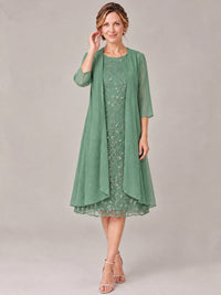 Tea Length Sequin Lace Mother of The Bride Dress with Chiffon Jacket