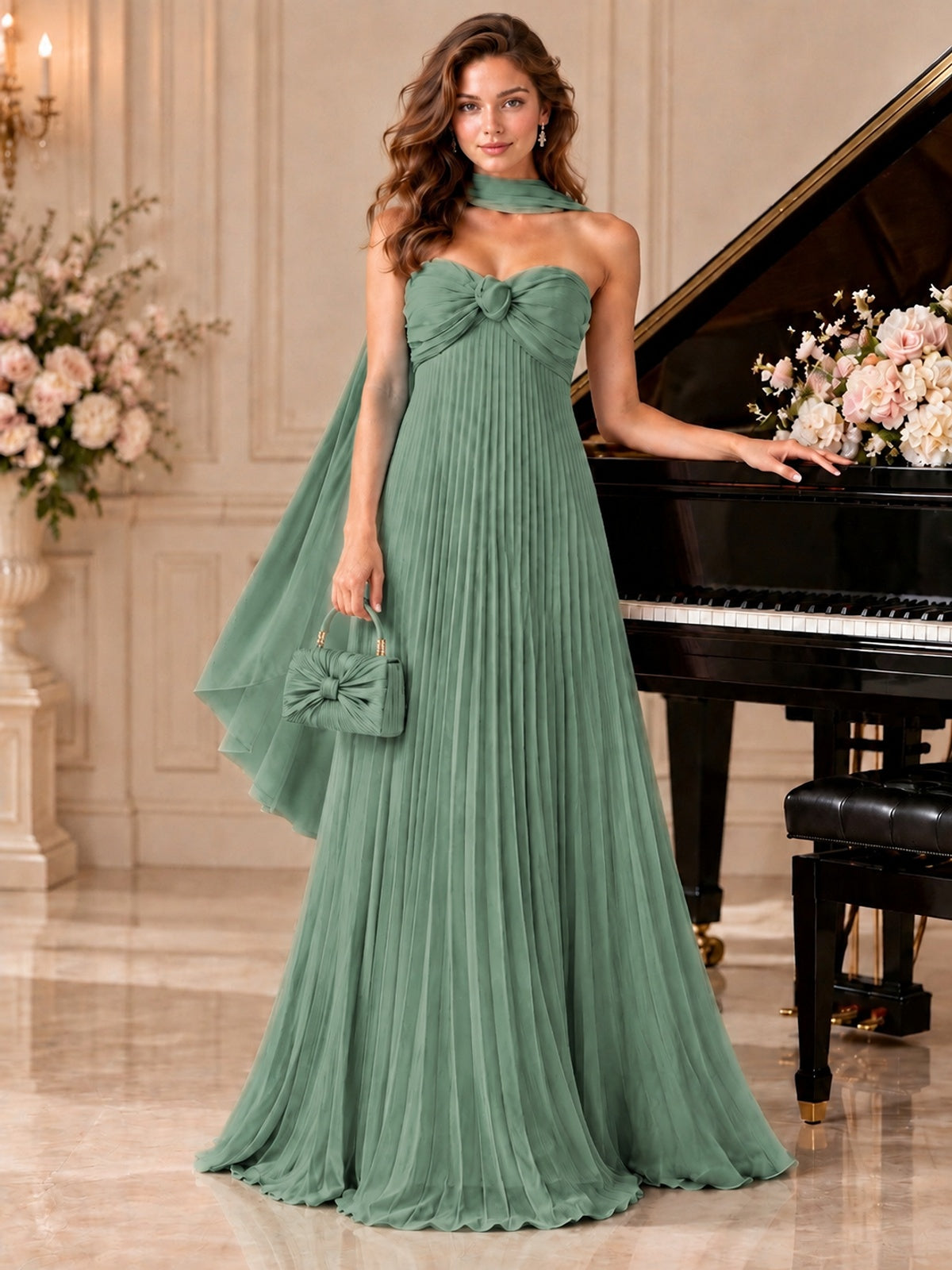 Sweetheart Neckline Pleated Prom Dress Strapless A-line Formal Dress with Flowy Scarf