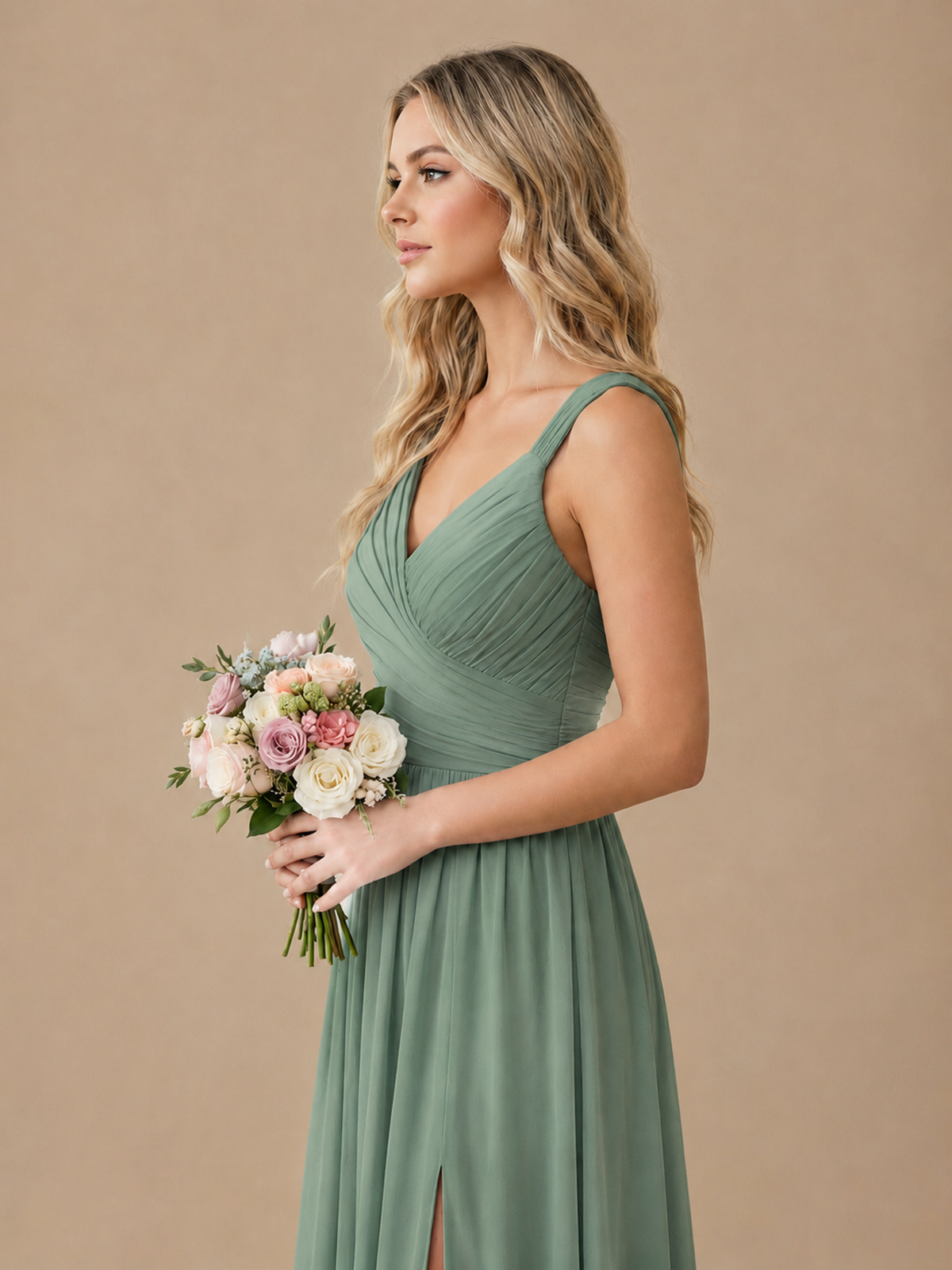 Pleated Chiffon V Neck Wedding Bridesmaid Dresses Floor Length with Slit