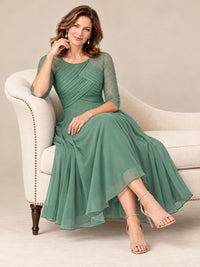 Tea-Length Mother of the Bride Dress with Lace 3/4 Sleeves
