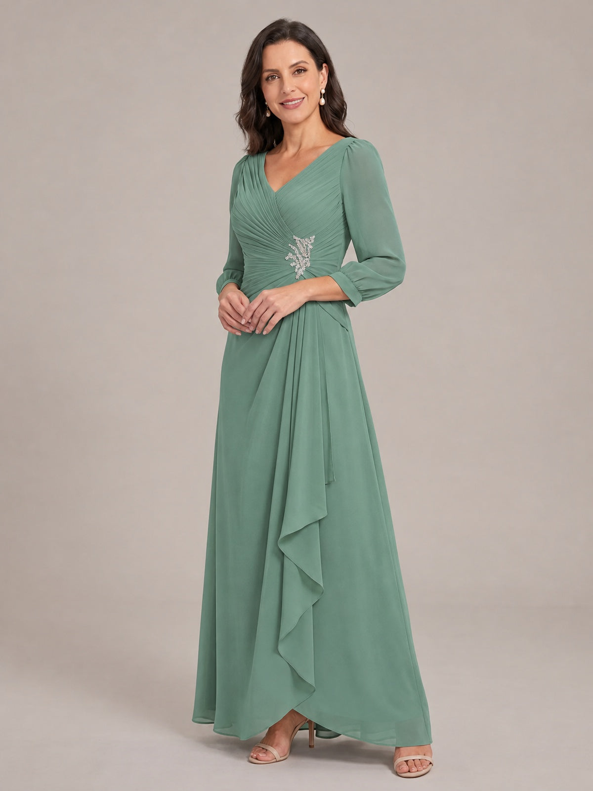 V-Neck Pleated Chiffon Mother of the Bride Dress with Flutter Sleeves