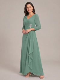 V-Neck Pleated Chiffon Mother of the Bride Dress with Flutter Sleeves