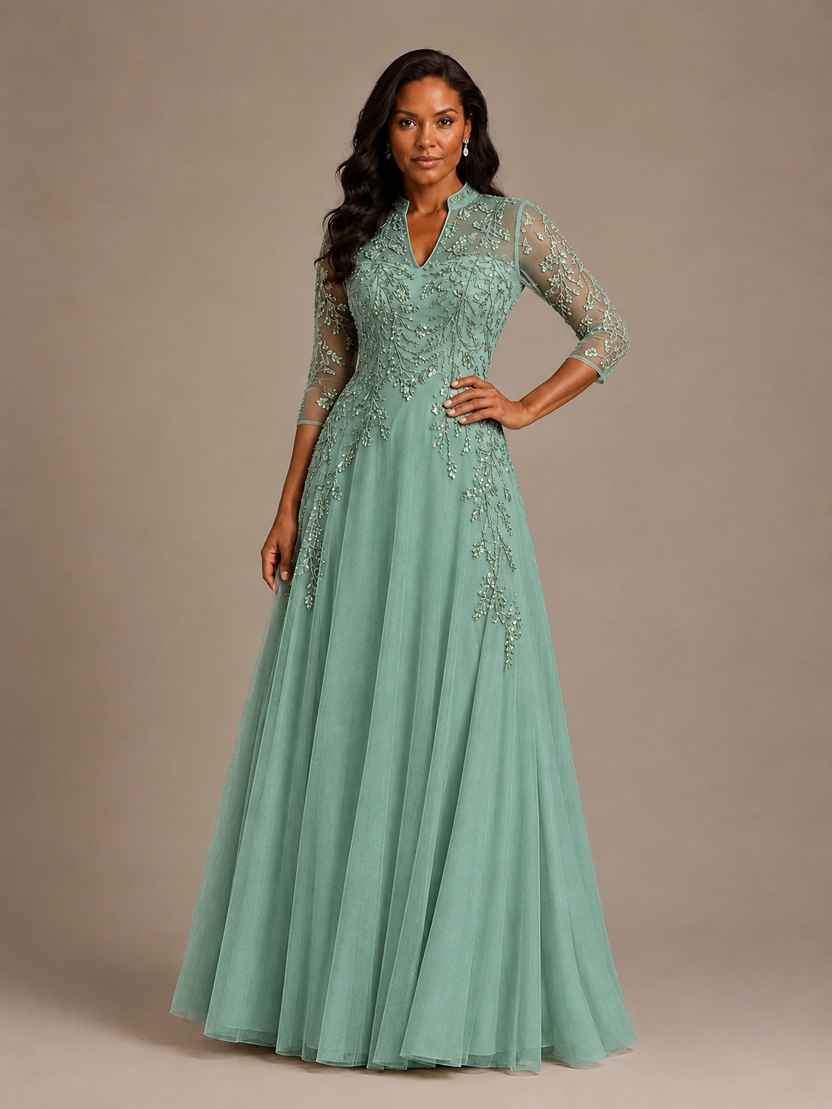 Embellished Appliques Mother of the Bride Dress with 3/4 Sleeves