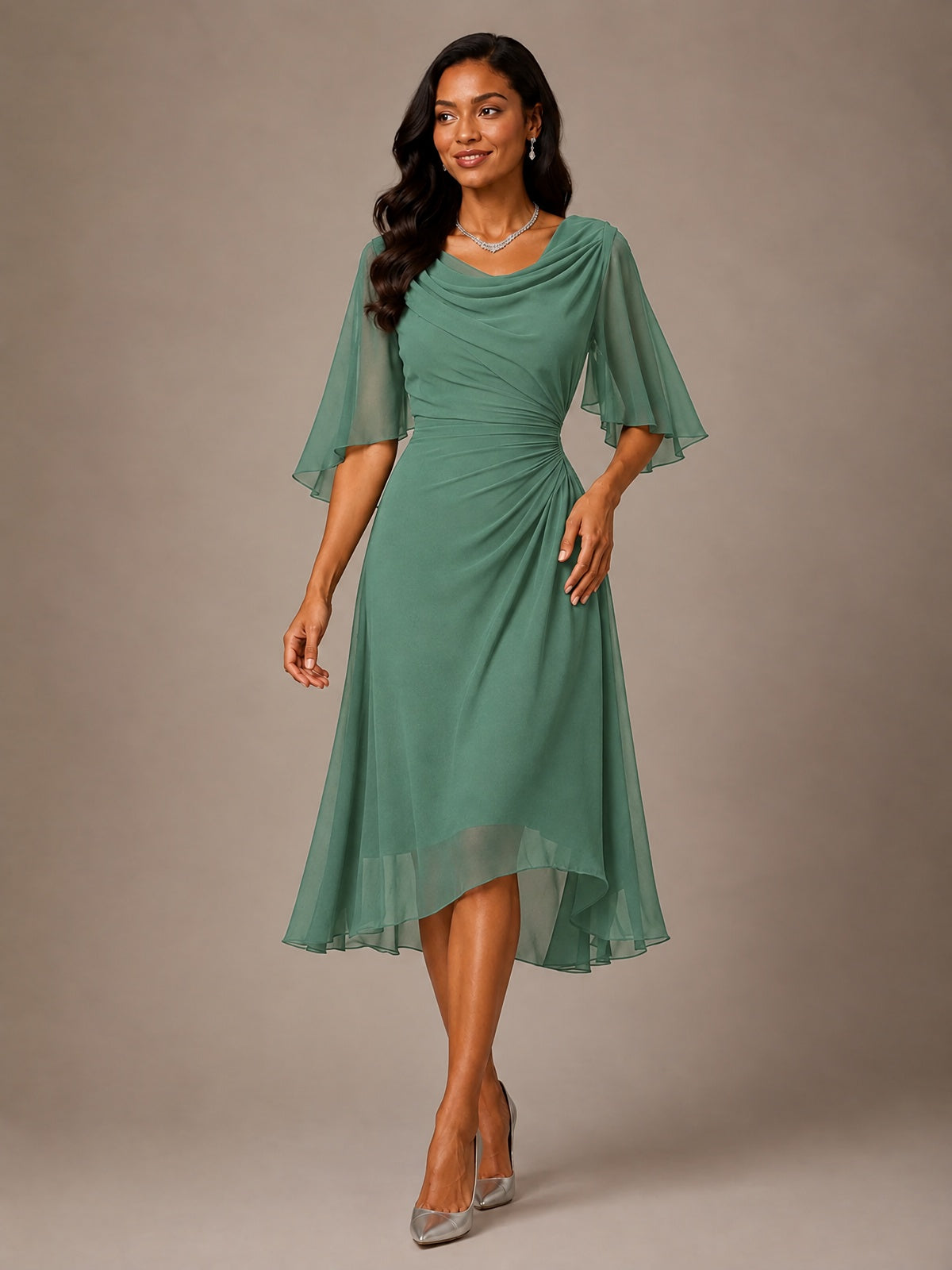 Cowl Neck Ruched Chiffon Mother of the Bride Dresses with Flutter Sleeves