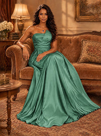 Draped Satin Prom Dress Strapless A-line Formal Dress Floor Length