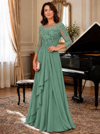 A-Line Chiffon Mother of the Bride Dress with Floral Applique 3/4 Sleeves