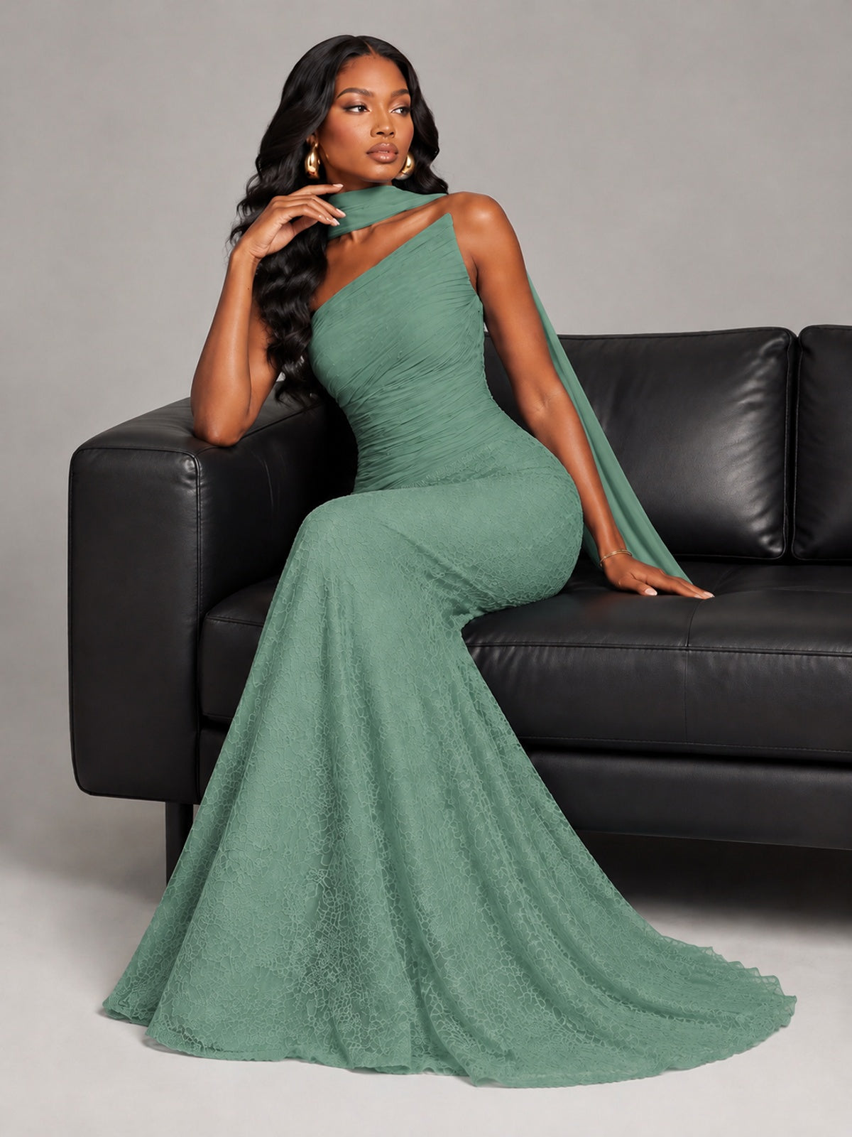 Pleated Chiffon Lace Prom Dresses Long Bodycon Mermaid with Scarf