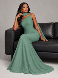 Pleated Chiffon Lace Prom Dresses Long Bodycon Mermaid with Scarf