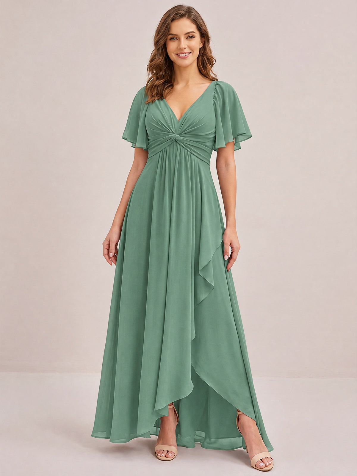 Dusty Blue Chiffon Bridesmaid Dress with Flutter Sleeves & High-Low Hem