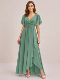 Dusty Blue Chiffon Bridesmaid Dress with Flutter Sleeves & High-Low Hem