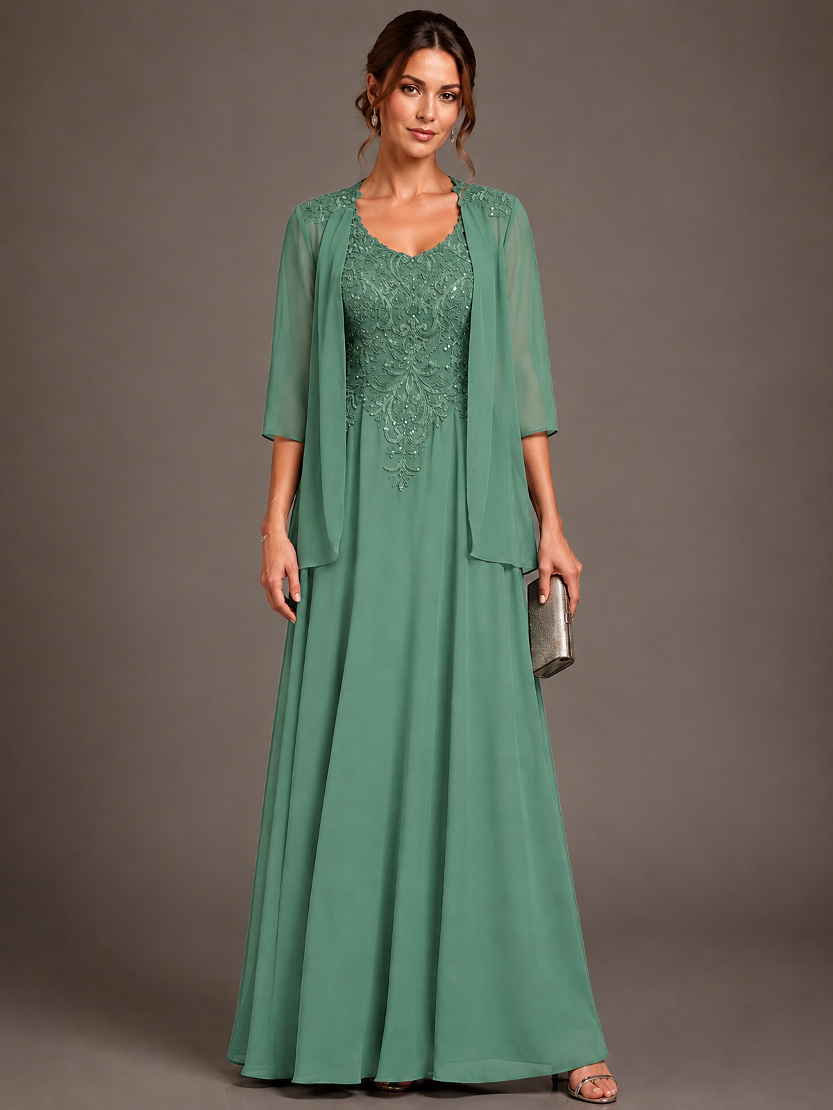 A-line 2 Pieces Chiffon Appliques Mother of The Bride Dresses with Jackets