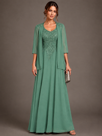 A-line 2 Pieces Chiffon Appliques Mother of The Bride Dresses with Jackets