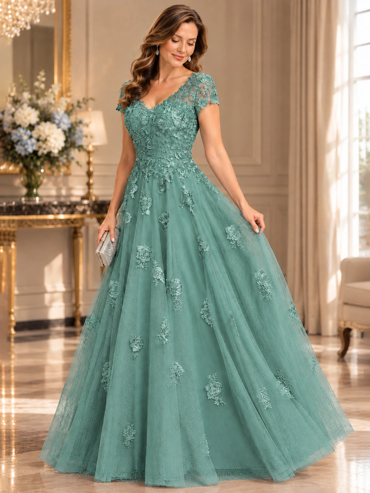 Lace Appliques A-line Mother of The Bride Dresses with Short Sleeves