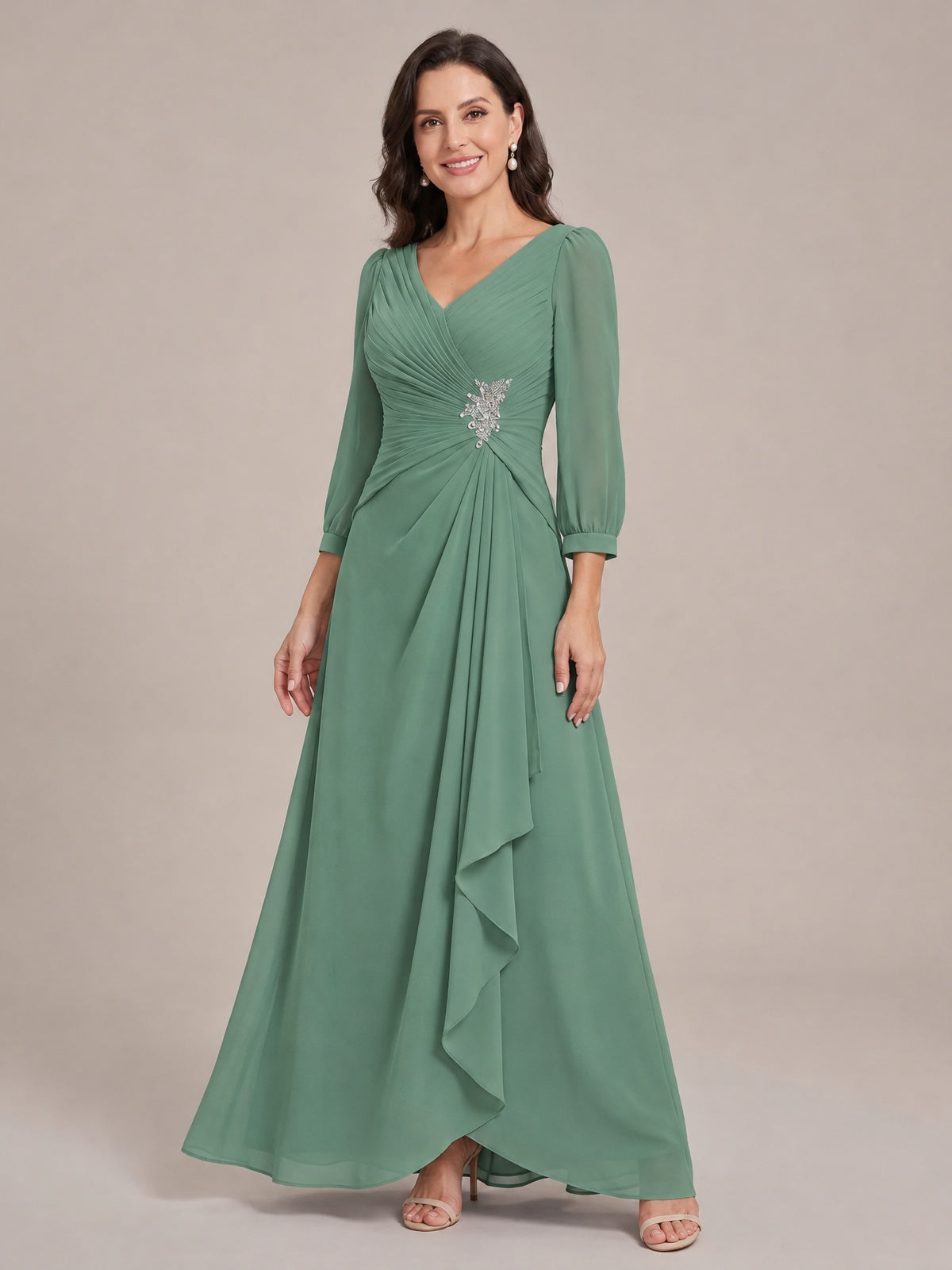 V-Neck Pleated Chiffon Mother of the Bride Dress with Flutter Sleeves